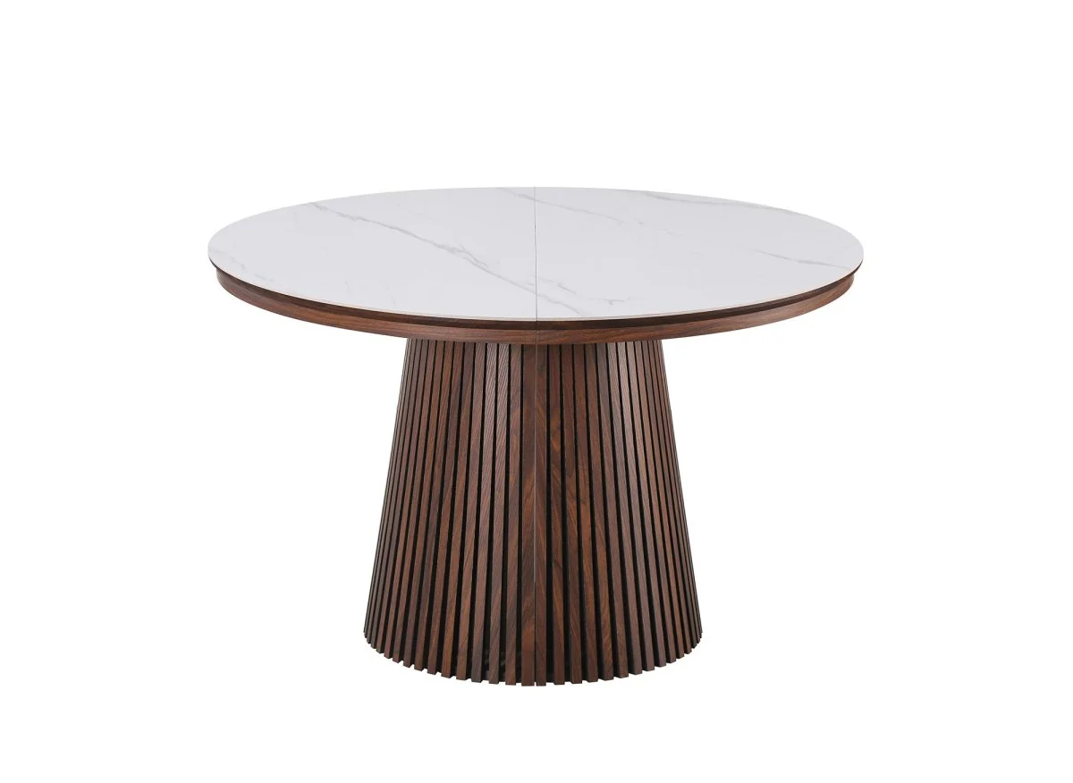 Table à manger ronde extensible en bois foncé avec plateau en céramique blanc HEKA - Image 3